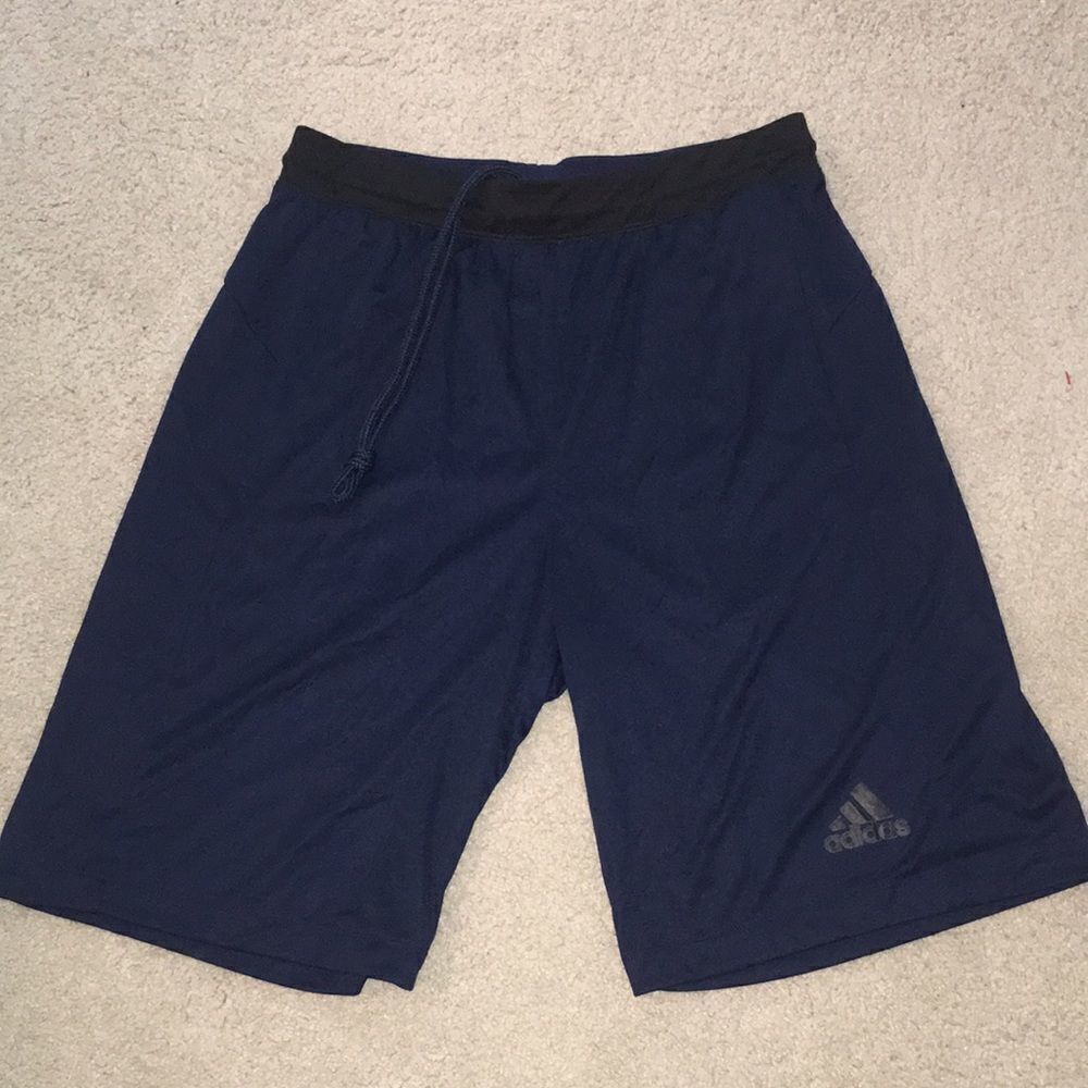 9” Adidas stretch yoga mens gyms work out running shorts climalite blue pockets